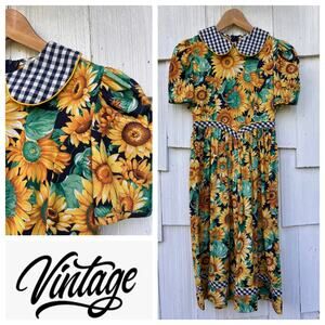 Vintage Rare Editions Sunflower‎ Gingham Dress Peter Pan Collar Midi Size 14